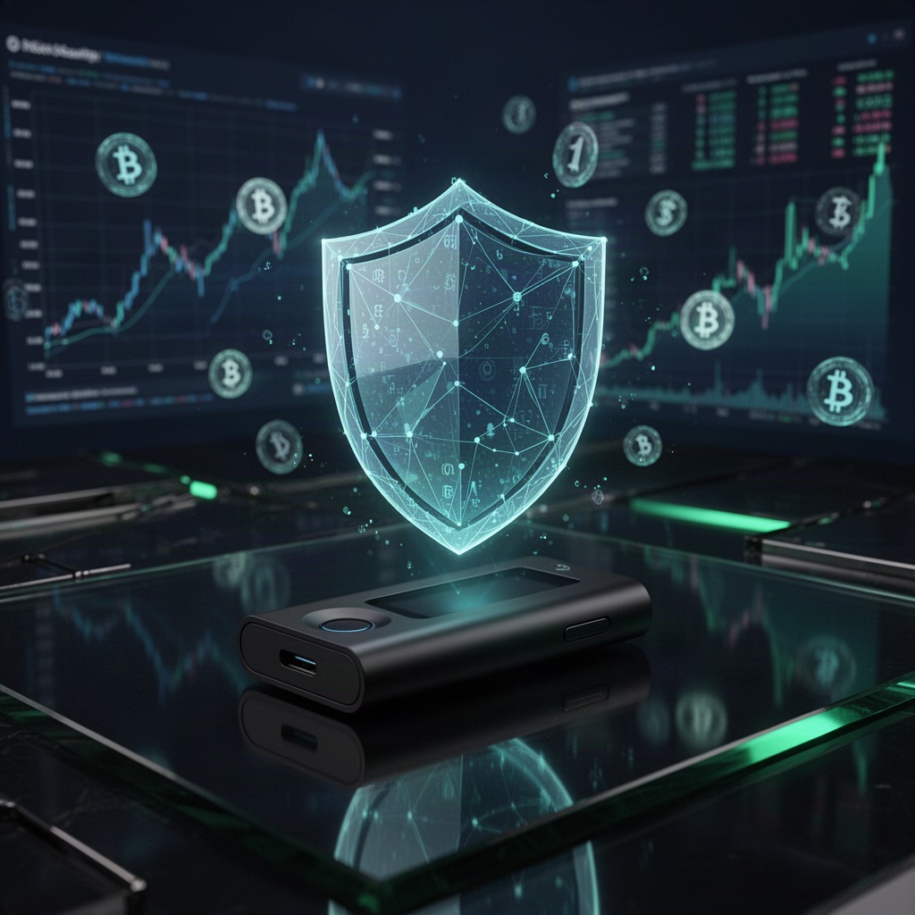 A Trezor hardware wallet connected by cable to a laptop that displays a cryptocurrency wallet dashboard